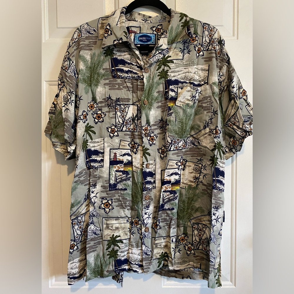 Pacific Blue USA Japan Inspired Hawaiian Shirt Short Sleeve Button Down Medium
